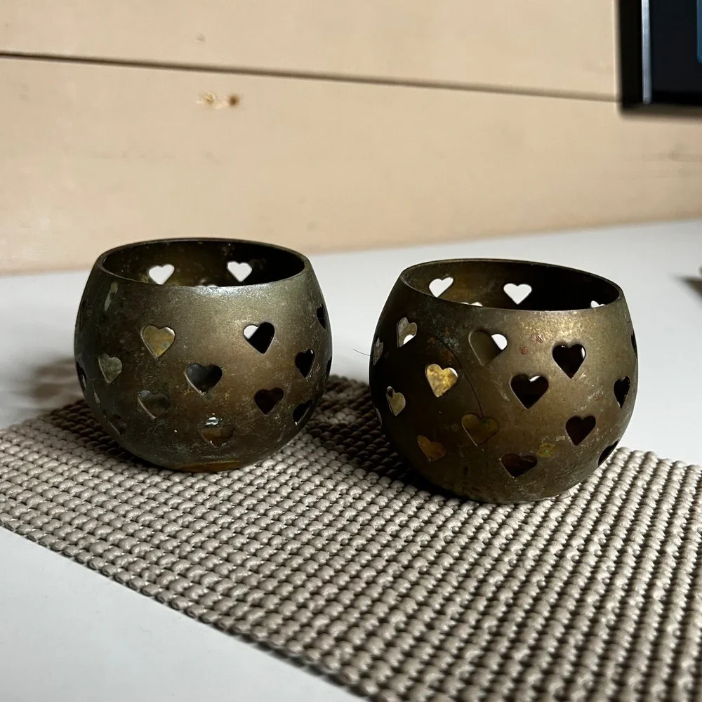 Vintage Brass Heart Cutout Votive Candle Holder Set Aged Patina Globe Rustic